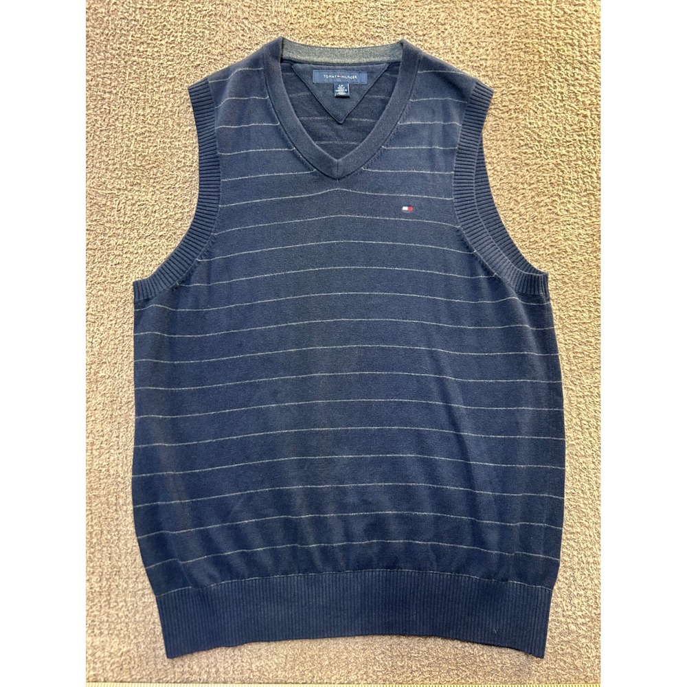 Tommy Hilfiger Mens Navy Blue Striped V-Neck Cotton Sweater Vest Small